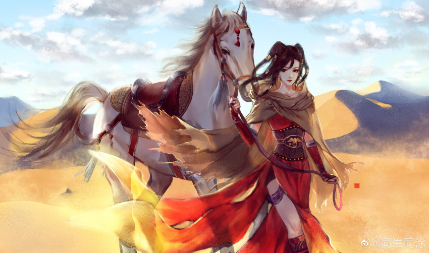 1girl absurdres black_hair blue_sky cape chi_lian_(qin_shi_ming_yue) clouds desert dress expressionless highres horse leash qin_shi_ming_yue red_dress sash shorts sky tail tong_sheng_tong_tu walking