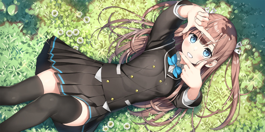 1girl bangs black_jacket black_skirt blue_bow blue_bowtie blue_eyes blush bow bowtie brown_hair collared_shirt eyebrows_visible_through_hair feet_out_of_frame finger_frame flower grass grin heart_ribbon highres jacket kantoku long_hair long_sleeves looking_at_viewer lying nature on_back original outdoors pleated_skirt school_uniform shirt sidelocks skirt smile solo sunlight thigh-highs two_side_up zettai_ryouiki