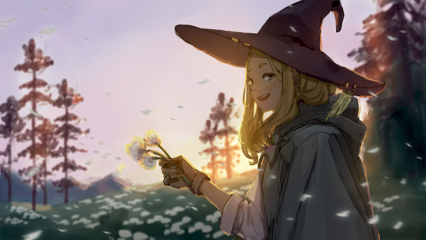 1girl backlighting blonde_hair brown_gloves cloak commentary_request dandelion eri96 evening feathers flower gloves green_cloak green_eyes hat hat_ornament holding holding_flower hood hood_down hooded_cloak long_hair looking_at_viewer meadow original outdoors scenery shirt sky solo tree white_flower white_shirt witch_hat