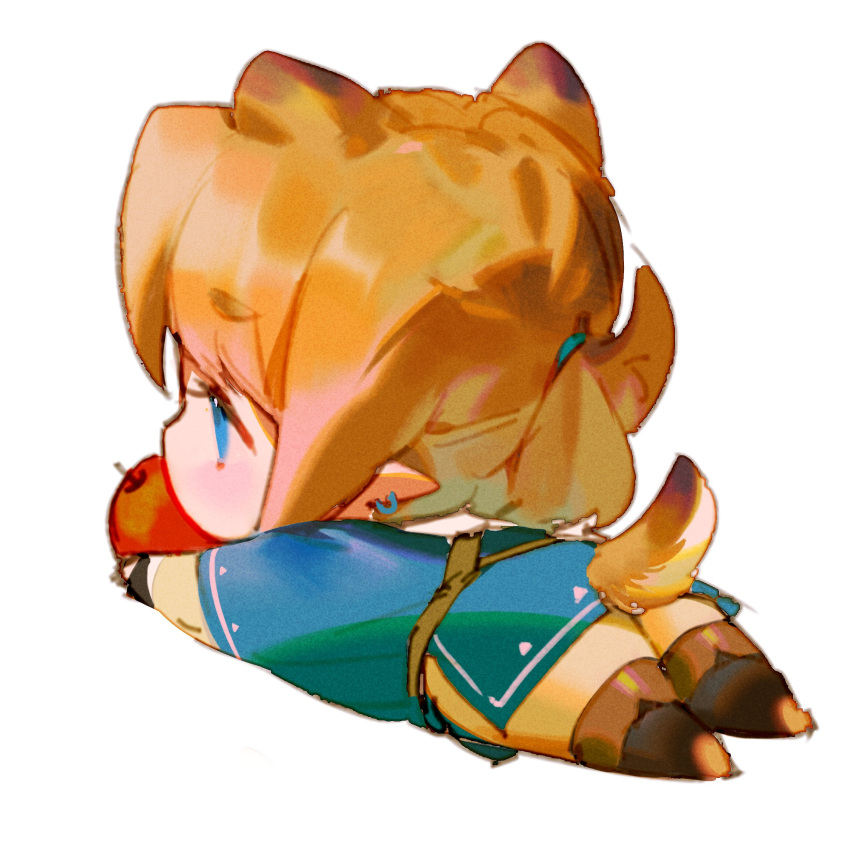 1boy animal_ears apple bangs blonde_hair blue_eyes blue_tunic dog_boy dog_ears dog_tail earrings fldwpfdorlskgdk food from_behind fruit full_body highres holding holding_food holding_fruit jewelry kemonomimi_mode korean_commentary link long_sleeves looking_away lying male_focus on_stomach outstretched_arm pointy_ears simple_background solo split_ponytail tail the_legend_of_zelda the_legend_of_zelda:_breath_of_the_wild white_background