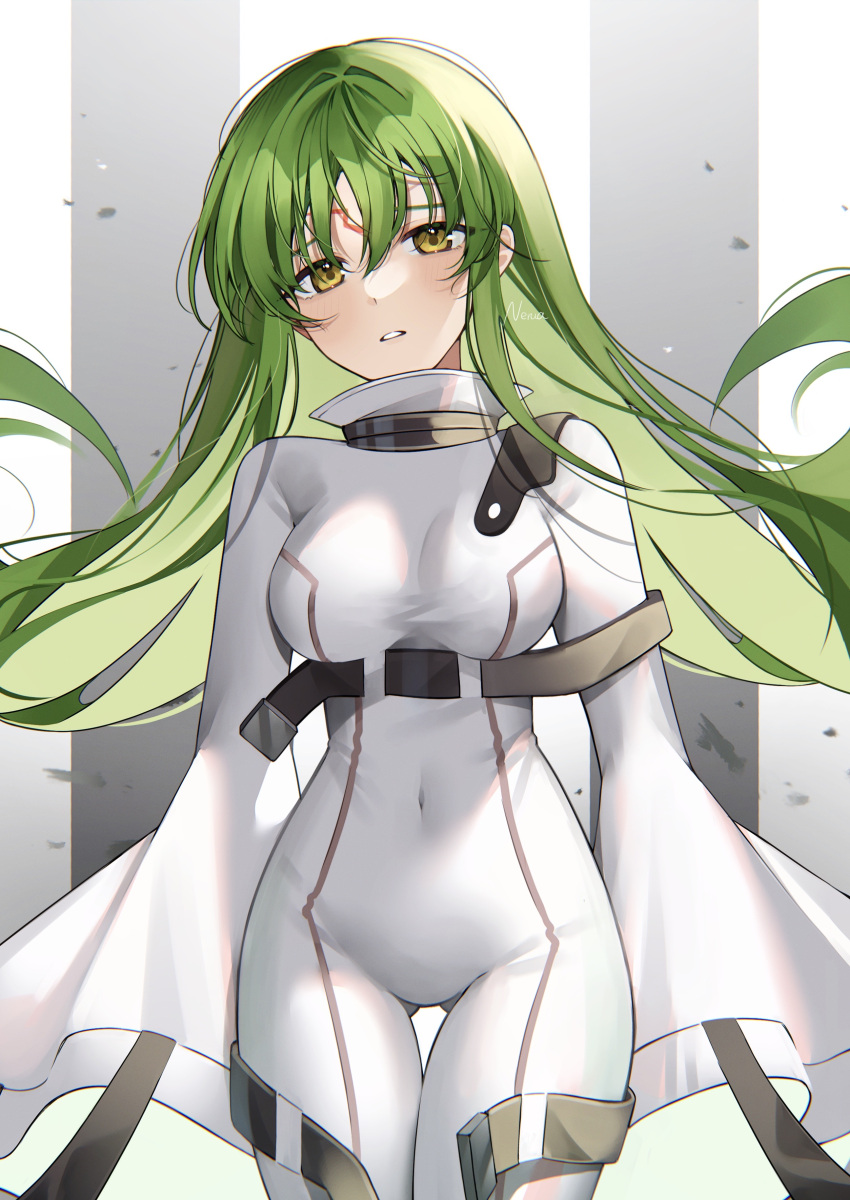 1girl absurdres belt belt_buckle bodysuit breasts buckle c.c. code_geass covered_navel english_commentary facial_mark forehead_mark geass green_hair highres impossible_bodysuit impossible_clothes long_hair looking_at_viewer medium_breasts nerua parted_lips signature sleeves_past_wrists solo straitjacket very_long_hair yellow_eyes