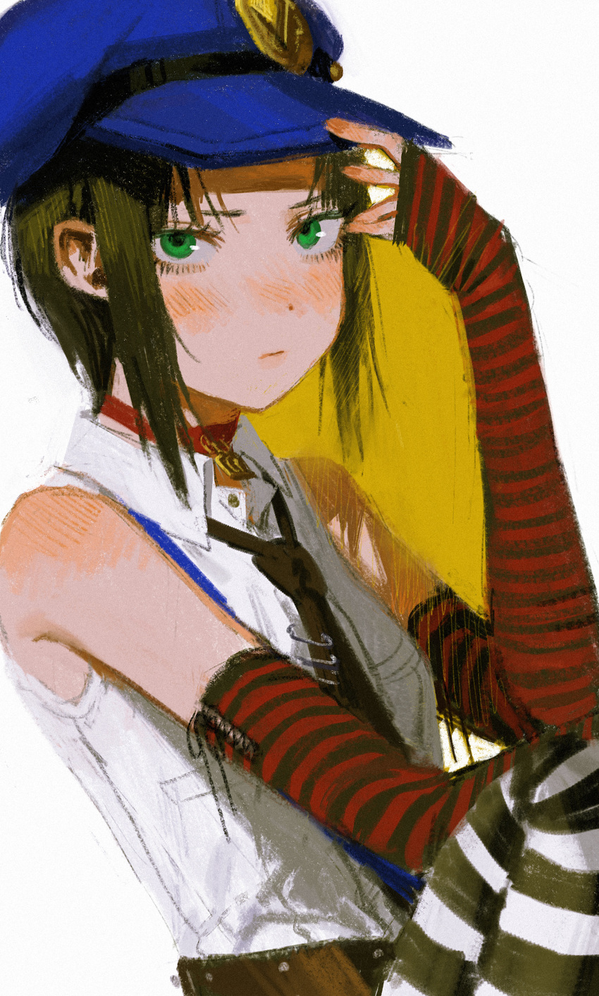 1girl absurdres bangs black_hair black_necktie blue_headwear blush breasts choker detached_sleeves green_eyes hat highres looking_at_viewer marie_(persona_4) necktie persona persona_4 persona_4_the_golden red_choker shirt short_hair simple_background small_breasts solo striped striped_legwear striped_sleeves thigh-highs white_shirt yatatashira