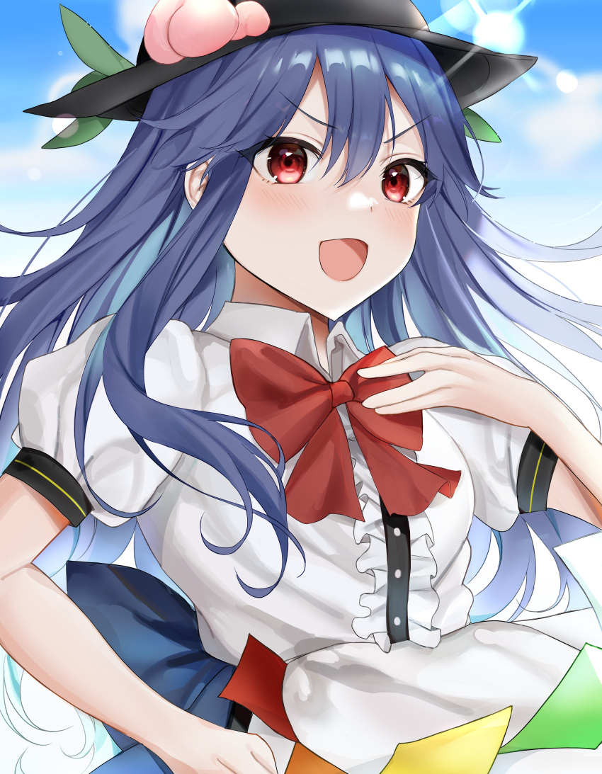 1girl absurdres back_bow bangs black_headwear blue_bow blue_hair blue_skirt blue_sky blush bow bowtie breasts buttons clouds cloudy_sky collared_shirt commentary_request eyebrows_visible_through_hair eyes_visible_through_hair flua_(fee_de_la) food frills fruit hair_between_eyes hand_on_hip hand_on_own_chest hand_up hat highres hinanawi_tenshi leaf long_hair looking_at_viewer medium_breasts open_mouth peach puffy_short_sleeves puffy_sleeves rainbow red_bow red_bowtie red_eyes shirt short_sleeves skirt sky smile solo touhou white_shirt
