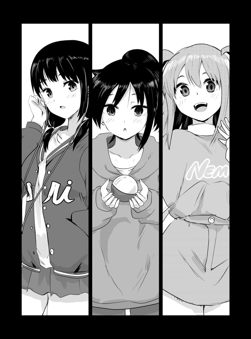 3girls :d :o ball bangs black_border blush border casual character_name clothes_writing collarbone column_lineup commentary_request cursive denim denim_skirt earphones greyscale hand_in_pocket hand_up happy highres holding holding_ball hood hood_down hoodie jacket kuroki_tomoko letterman_jacket long_hair long_sleeves looking_at_viewer low_twintails miniskirt monochrome motomiki multiple_girls nemoto_hina official_alternate_costume official_alternate_hairstyle open_clothes open_jacket open_mouth pleated_skirt ponytail shirt skirt smile standing sweater tamura_yuri teeth twintails two_side_up upper_teeth watashi_ga_motenai_no_wa_dou_kangaetemo_omaera_ga_warui!