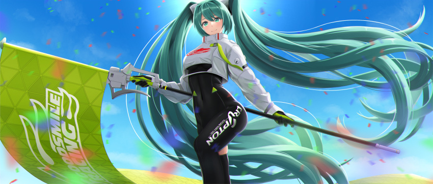 1girl absurdres aqua_hair asymmetrical_legwear banner black_bodysuit black_gloves blue_sky blush bodysuit breasts closed_mouth covered_navel day floating_hair from_below gloves green_eyes green_gloves hatsune_miku highres holding long_hair long_sleeves looking_at_viewer ma_0_4 medium_breasts outdoors racing_miku racing_miku_(2022) shiny shiny_hair sky smile solo standing twintails two-tone_gloves very_long_hair vocaloid