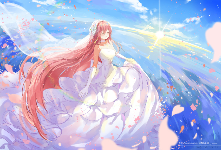 1girl breasts bridal_veil bride closed_eyes collarbone commentary_request day dress elbow_gloves flower frills gloves hair_flower hair_ornament highres kkkula_(kula) long_dress long_hair medium_breasts open_mouth orange_hair original outdoors petals skirt_hold solo standing standing_on_liquid strapless strapless_dress sunset veil very_long_hair water wedding_dress white_dress white_gloves