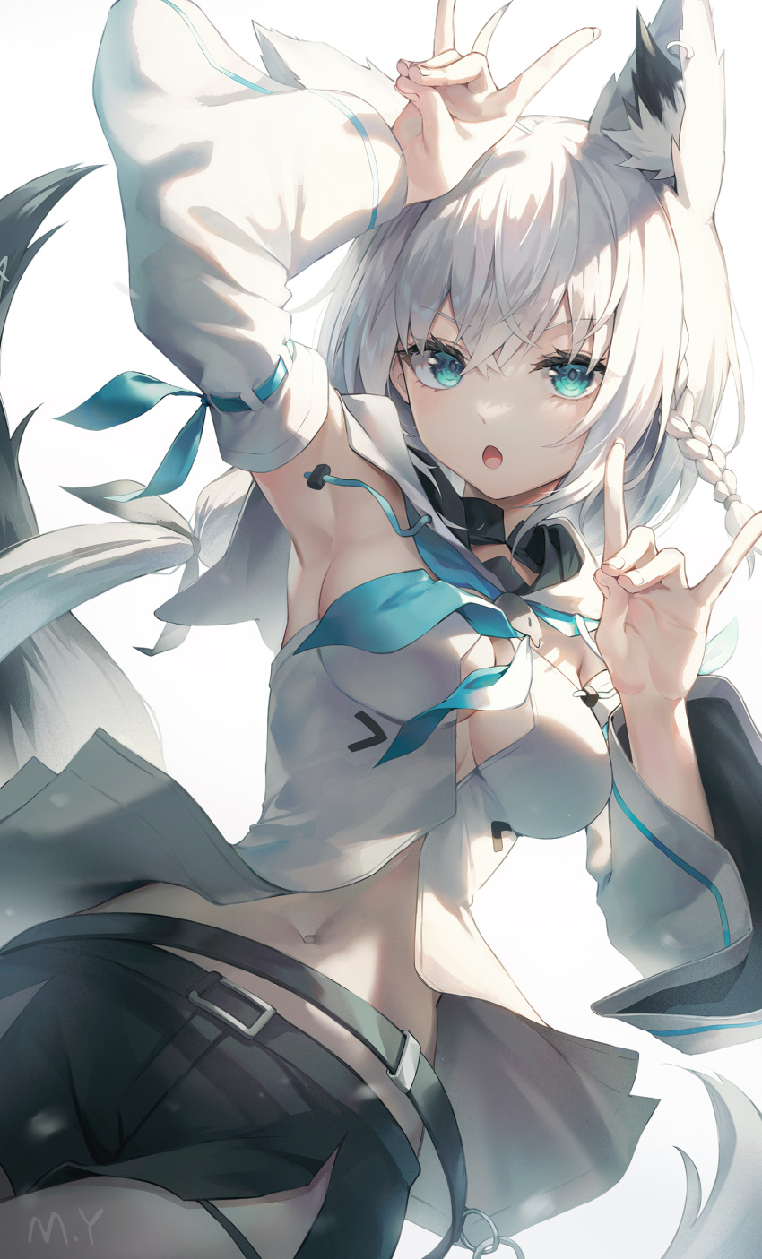 1girl :o animal_ear_fluff animal_ears aqua_eyes arm_up armpits bangs belt black_shorts blue_eyes braid breasts cleavage detached_sleeves female fox_ears fox_girl fox_shadow_puppet fox_tail gesture hair_between_eyes hololive hololive_gamers hooded_shirt japanese_clothes long_hair long_sleeves looking_at_viewer medium_breasts midriff myung_yi navel neckerchief open_mouth ribbon-trimmed_sleeves ribbon_trim shirakami_fubuki shirt short_shorts shorts side_slit simple_background solo stomach tail virtual_youtuber white_background white_hair white_shirt wide_sleeves