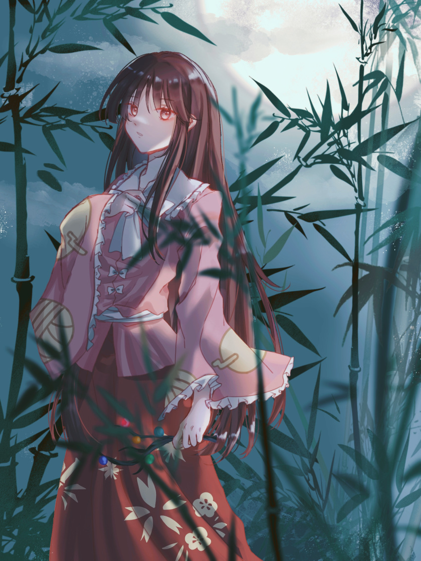 1girl baibaibaibaibaijin bamboo bow bowtie branch brown_eyes brown_hair chinese_commentary collared_shirt commentary feet_out_of_frame floral_print frilled_shirt_collar frilled_sleeves frills full_moon hand_on_own_chest highres holding holding_branch houraisan_kaguya jeweled_branch_of_hourai long_hair long_sleeves looking_at_viewer moon night parted_lips pink_shirt red_skirt shirt sidelocks skirt solo touhou very_long_hair white_bow white_bowtie wide_sleeves