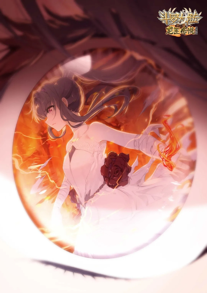 1boy 1girl bandaged_arm bandages bare_shoulders bart._d black_hair cover cover_page douluo_dalu dr._daji dress flower frown highres long_hair official_art outstretched_arms ponytail reflection spread_arms third-party_source upper_body white_dress wide-eyed