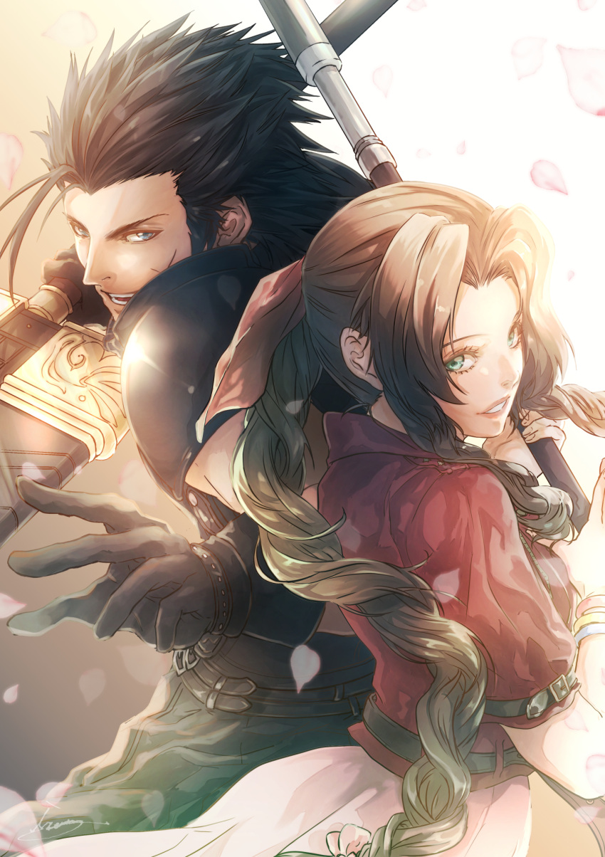 1boy 1girl aerith_gainsborough armor bangs belt black_hair blue_eyes bracelet braid braided_ponytail brown_hair buster_sword crisis_core_final_fantasy_vii cropped_jacket dress falling_petals fighting_stance final_fantasy final_fantasy_vii final_fantasy_vii_remake gloves green_eyes hair_ribbon hair_slicked_back highres holding holding_sword holding_weapon jacket jewelry long_hair lower_teeth medium_hair moriiiiiiiiiinn multiple_belts parted_bangs parted_lips petals pink_dress red_jacket ribbon scar scar_on_cheek scar_on_face shoulder_armor sideburns sidelocks smile staff sword teeth upper_body upper_teeth wavy_hair weapon zack_fair