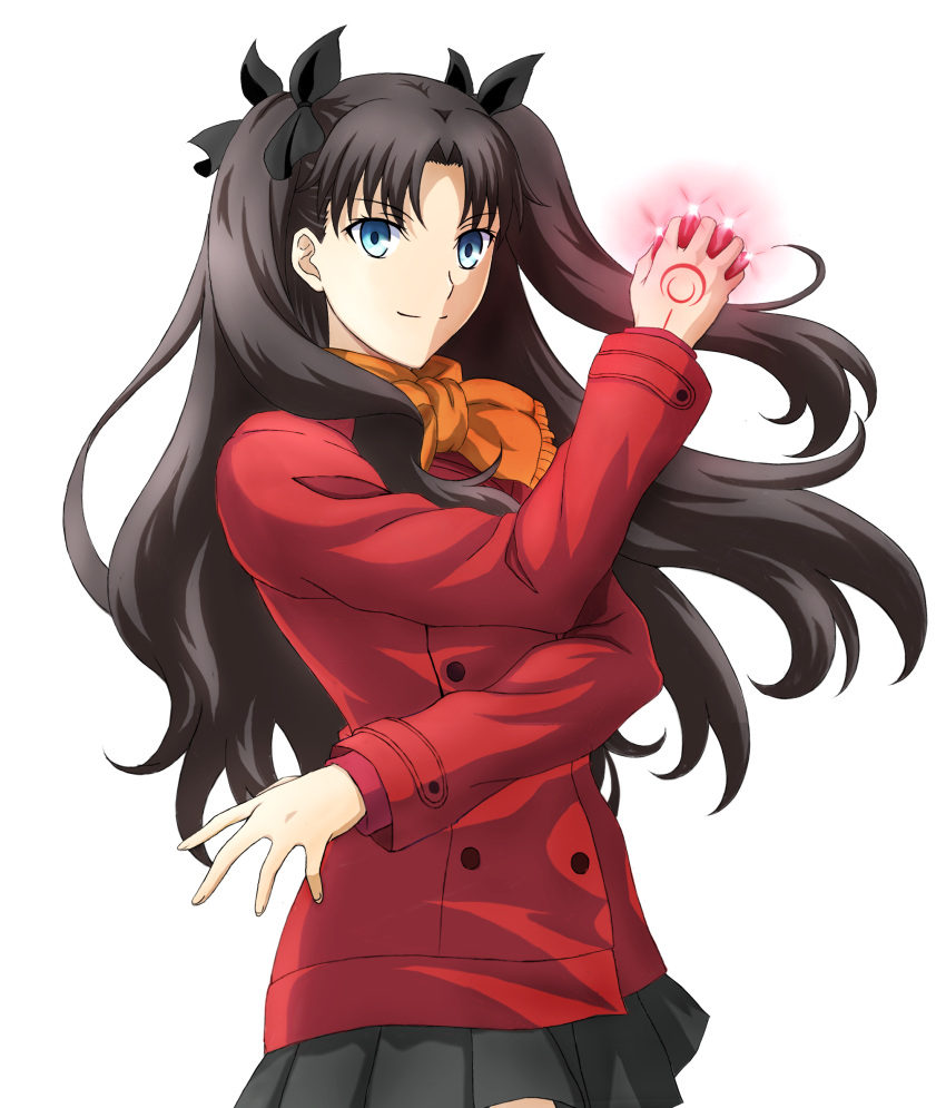 1girl black_bow black_skirt blue_eyes bow brown_hair cameron_(pawoo) closed_mouth coat fate/stay_night fate_(series) floating_hair gem hair_bow hair_intakes highres holding long_hair long_sleeves miniskirt orange_scarf pleated_skirt red_coat red_gemstone scarf simple_background skirt smile solo standing tohsaka_rin twintails very_long_hair white_background