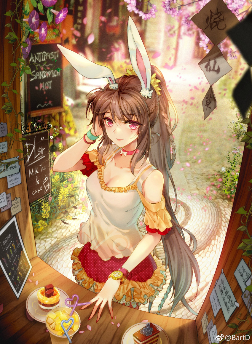 1girl absurdres animal_ears bart._d braid braided_ponytail brown_hair cake choker cover cover_page crazy_straw douluo_dalu dr._daji drinking_straw falling_petals food heart_straw highres official_art petals pink_eyes rabbit_ears red_skirt road shirt sigh skirt solo table white_shirt xiao_wu_(douluo_dalu)