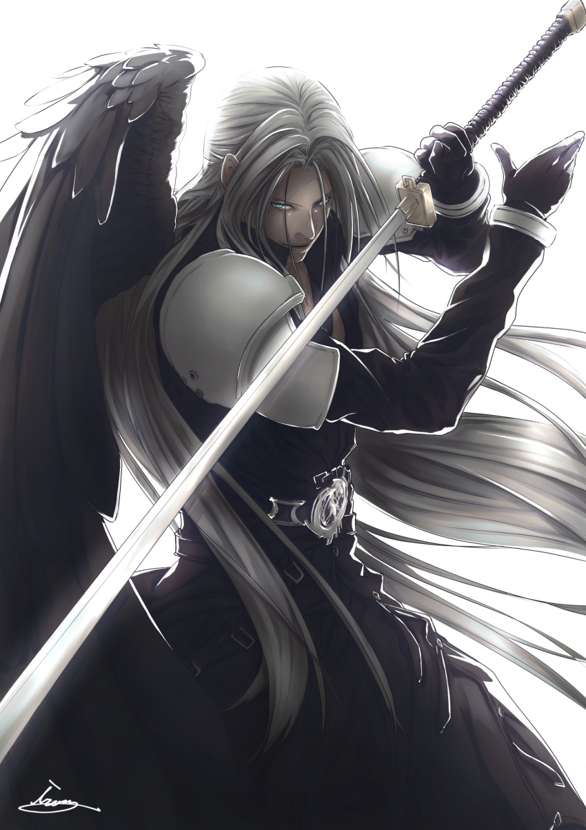 1boy aqua_eyes armor bangs belt black_gloves black_jacket black_wing fighting_stance final_fantasy final_fantasy_vii final_fantasy_vii_remake gloves grey_background highres holding holding_sword holding_weapon jacket long_hair long_jacket masamune_(ff7) moriiiiiiiiiinn parted_bangs sephiroth shoulder_armor single_wing smile solo straight_hair sword upper_body very_long_hair weapon white_background wings