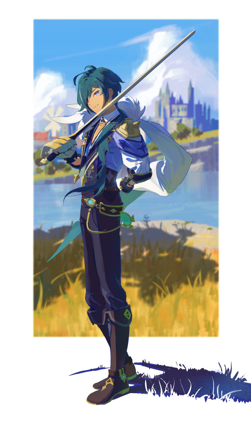 1boy absurdres arm_behind_back bangs black_gloves blue_eyes blue_hair boots border castle clouds dark-skinned_male dark_skin day earrings eri96 eyepatch full_body fur-trimmed_jacket fur_trim genshin_impact gloves grass hair_between_eyes highres holding holding_sword holding_weapon jacket jewelry kaeya_(genshin_impact) lake long_hair looking_at_viewer male_focus multicolored_hair outdoors pants shadow single_earring sky solo sparkle standing streaked_hair sword vision_(genshin_impact) water weapon windmill