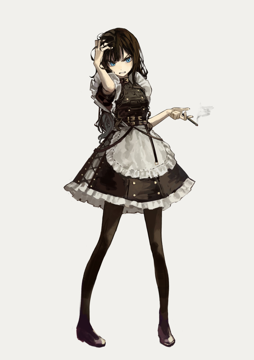 1girl absurdres angry apron blue_eyes brown_hair cigarette corset dress frilled_dress frills highres holding holding_hair leather_belt leather_skirt long_hair maid_apron original pantyhose shoes smoke solo white_background yoon_cook