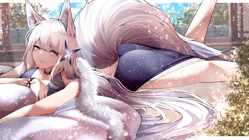 1girl absurdres animal_ear_fluff animal_ears ass azur_lane blue_dress breasts dress feather_boa feet_out_of_frame fox_ears halter_dress halterneck highres kitsune large_tail long_hair lying official_alternate_costume on_stomach samip shinano_(azur_lane) shinano_(dreams_of_the_hazy_moon)_(azur_lane) sleeveless sleeveless_dress slit_pupils solo tail very_long_hair white_hair