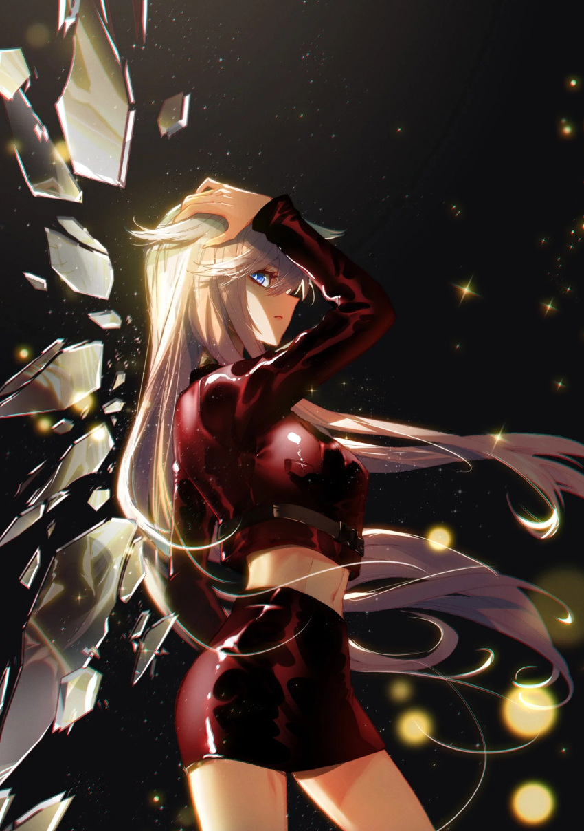 backlighting circle cover cover_page dark_background douluo_dalu from_side glass_shards hei_zhi_shi highres jacket multicolored_hair navel official_art red_jacket red_skirt shiny shiny_clothes skirt sparkle tang_wutong_(douluo_dalu)