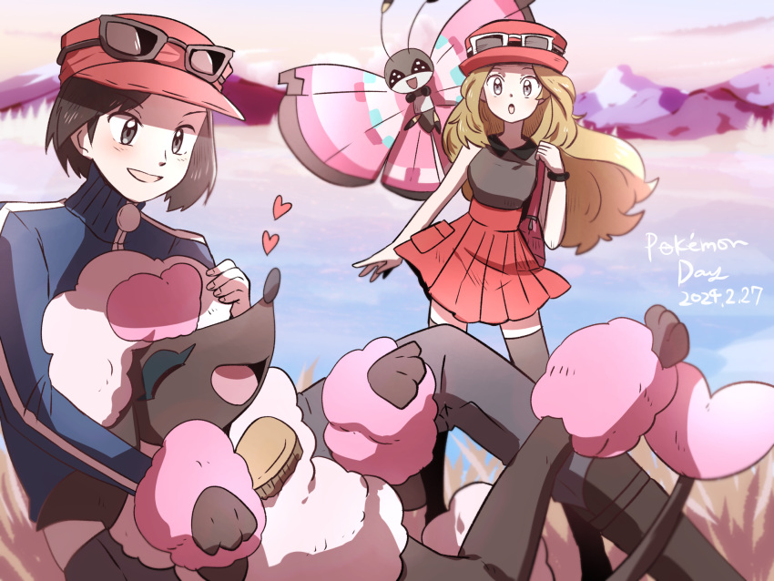 1boy 1girl animal_hug black_hair black_pants black_skirt black_thighhighs calem_(pokemon) dated furfrou grey_eyes happy hat heart highres lake mizuto_(o96ap) open_mouth outdoors pants petting pleated_skirt pokemon pokemon_xy red_hat red_skirt serena_(pokemon) sittin skirt thigh-highs vivillon