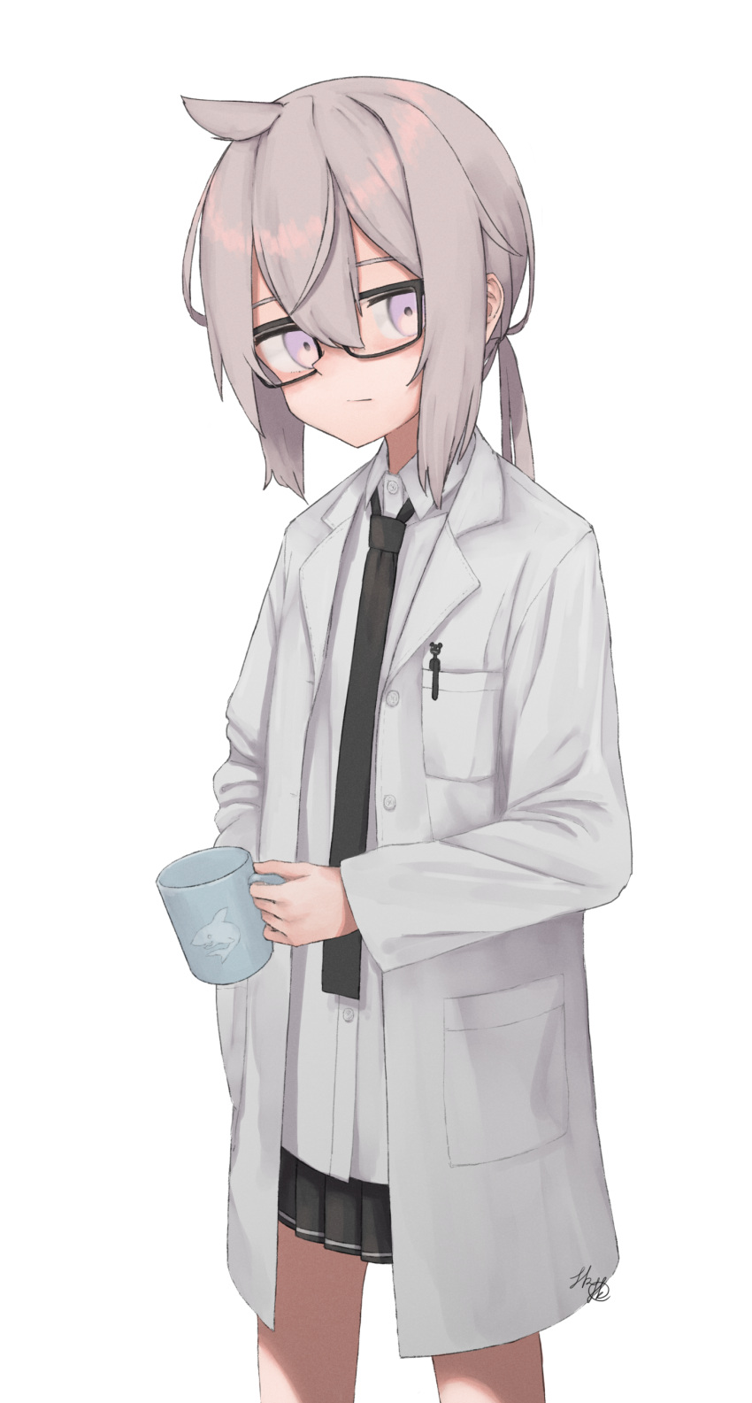 1girl absurdres bangs black_necktie black_skirt breast_pocket closed_mouth collared_shirt cowlick cup dress_shirt girls_frontline glasses grey_hair hair_between_eyes highres holding holding_cup labcoat looking_at_viewer low_ponytail m200_(girls'_frontline) necktie origumi pen pleated_skirt pocket shark_print shirt sidelocks signature simple_background skirt violet_eyes white_background white_shirt