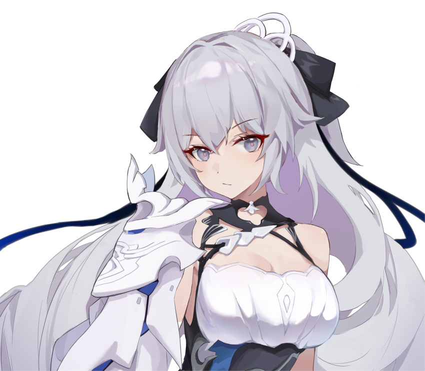 1girl absurdres bangs bare_shoulders breasts bronya_zaychik bronya_zaychik_(silverwing:_n-ex) commentary_request dress expressionless eyebrows_visible_through_hair grey_eyes grey_hair hair_between_eyes hair_ornament highres honkai_(series) honkai_impact_3rd long_hair looking_at_viewer sleeveless sleeveless_dress solo tianyu_huapo upper_body white_background