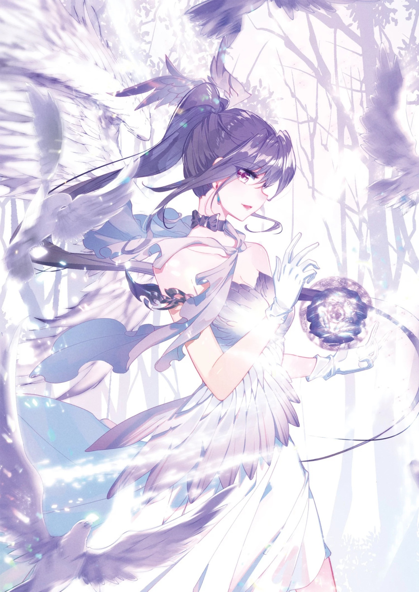 1girl bare_shoulders bare_tree bart._d bird black_hair cover cover_page douluo_dalu dr._daji eyebrows_visible_through_hair eyes_visible_through_hair feather_dress from_side gloves gu_yue_(douluo_dalu) highres long_hair official_art orb ponytail ribbon-trimmed_collar ribbon_trim skirt smile third-party_source tree white_background white_skirt