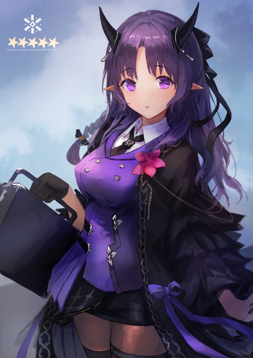 1girl :o absurdres arknights bangs black_gloves black_necktie black_skirt braid breasts brown_legwear collared_shirt cowboy_shot eyebrows_visible_through_hair flower gloves gradient gradient_background grey_background hibiscus hibiscus_(arknights) hibiscus_the_purifier_(arknights) highres holding holding_suitcase horns layered_sleeves long_hair long_sleeves looking_at_viewer medium_breasts miniskirt necktie object_namesake pantyhose parted_bangs parted_lips pink_flower pointy_ears purple_hair shirt side_braid single_glove skirt solo star_(symbol) suitcase trrcmb violet_eyes wing_collar