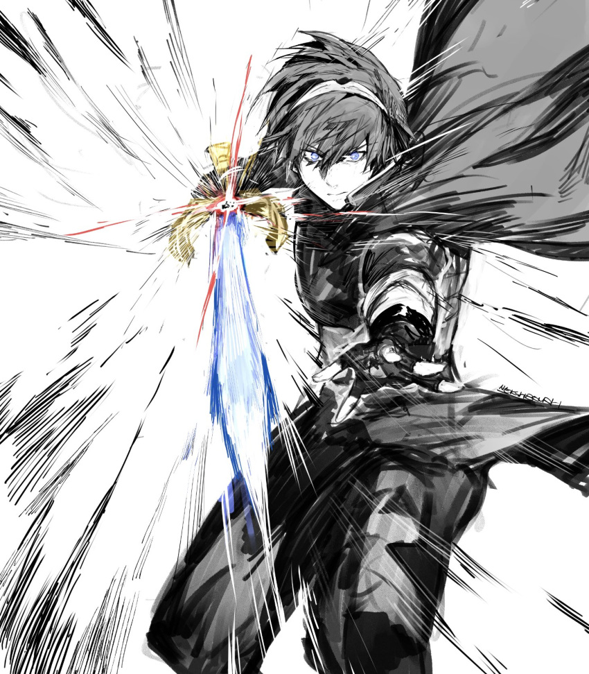 1boy armor blue_eyes cape falchion_(fire_emblem) fingerless_gloves fire_emblem fire_emblem:_mystery_of_the_emblem gloves headband highres looking_at_viewer male_focus marth_(fire_emblem) short_hair simple_background smile solo super_smash_bros. sword tiara weapon yourfreakyneighbourh