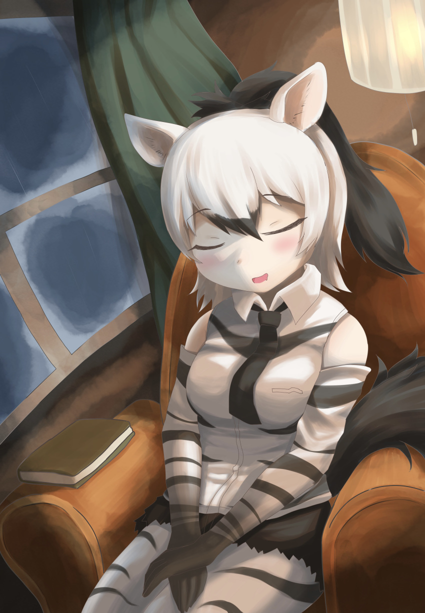 1girl aardwolf_(kemono_friends) aardwolf_ears aardwolf_print aardwolf_tail absurdres animal_ears armchair bangs bare_shoulders black_hair black_necktie black_shorts blush book breast_pocket chair closed_eyes collared_shirt drooling elbow_gloves eyebrows_visible_through_hair fisheye gloves hair_between_eyes high_ponytail highres indoors kemono_friends lamp long_hair mouth_drool multicolored_hair necktie own_hands_together pale_skin parted_lips peaceful pocket print_gloves print_legwear print_shirt rain rote_sonne shirt short_shorts shorts sitting sleeping sleeveless sleeveless_shirt smile solo tail two-tone_hair v_arms water white_hair window wing_collar