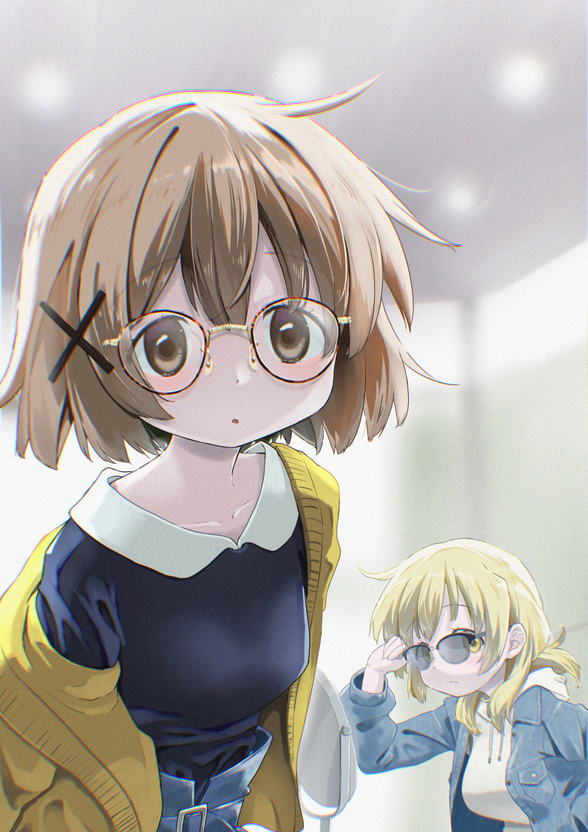 2girls absurdres belt black_shirt blonde_hair brown_hair commentary_request denim denim_jacket film_grain glasses hair_ornament hidamari_sketch highres jacket long_hair looking_at_viewer miyako_(hidamari_sketch) multiple_girls percy_pyl shirt short_hair x_hair_ornament yellow_jacket yuno_(hidamari_sketch)