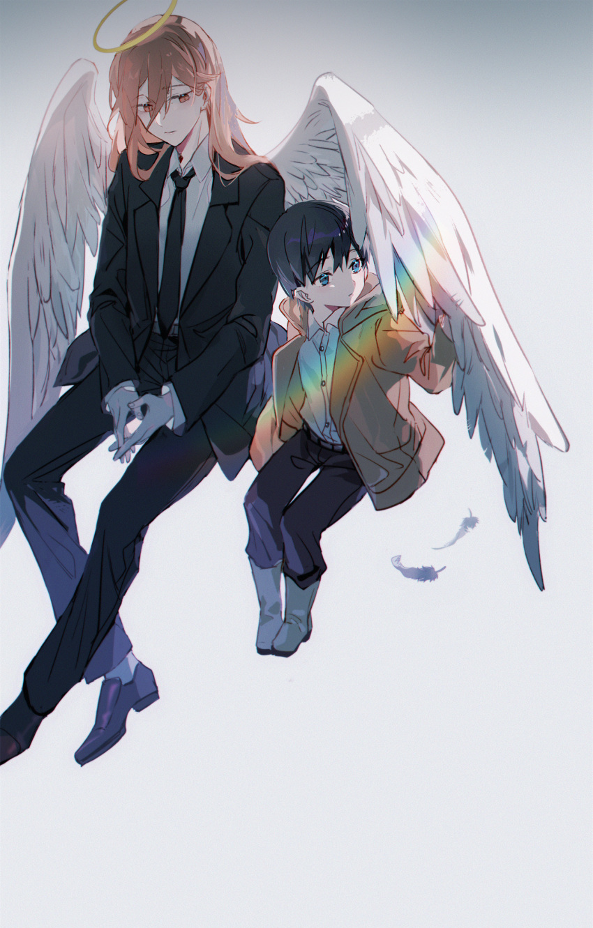 2boys angel_devil_(chainsaw_man) angel_wings black_footwear black_hair black_jacket black_necktie black_pants black_suit blue_eyes blue_footwear boots brown_eyes brown_hair brown_jacket buttons chainsaw_man chinese_commentary collared_shirt commentary_request eyebrows_visible_through_hair eyes_visible_through_hair feathered_wings feathers foot_out_of_frame formal gradient gradient_background hair_between_eyes halo hayakawa_aki highres hood hood_down hooded_jacket jacket kanose knee_boots long_hair looking_at_another male_child male_focus multiple_boys necktie own_hands_together pants rainbow shirt shoes short_hair sitting suit white_background white_shirt wings younger