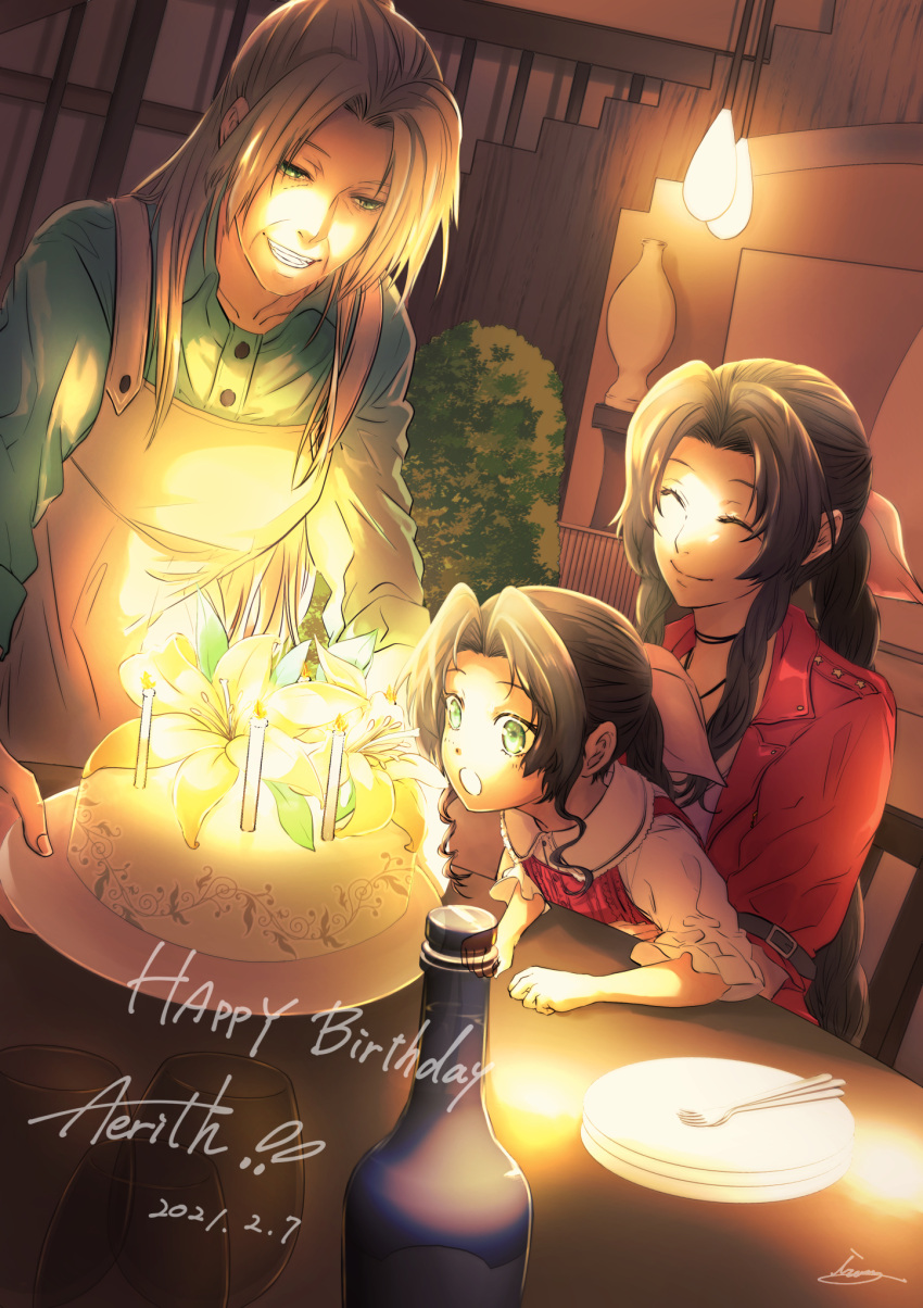 3girls aerith_gainsborough apron bangs birthday_cake bottle braid braided_ponytail brown_hair bush buttons cake candle chair character_name child choker closed_eyes dress elmyra_gainsborough final_fantasy final_fantasy_vii final_fantasy_vii_remake flower food fork green_dress green_eyes grey_hair hair_pulled_back hair_ribbon happy_birthday highres holding holding_plate jacket lamp long_sleeves lower_teeth moriiiiiiiiiinn mother_and_daughter multiple_girls open_mouth parted_bangs plate ponytail red_jacket ribbon short_sleeves sidelocks sitting sitting_on_lap sitting_on_person smile stairs table teeth upper_teeth wavy_hair wrinkled_skin yellow_flower younger