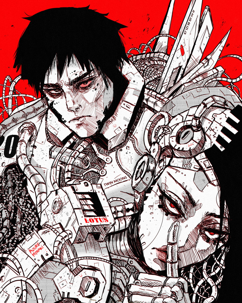 1boy 1girl absurdres android azure_meraki buzz_cut closed_mouth cyberpunk finger_to_mouth highres index_finger_raised joints long_hair looking_at_viewer mechanical_parts monochrome original red_background red_theme robot_joints short_hair shushing simple_background very_short_hair