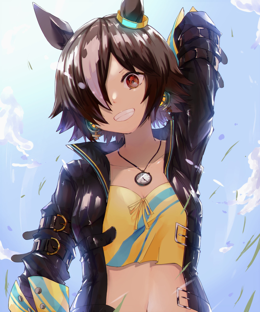1girl :d absurdres alternate_hairstyle animal_ears arm_up bangs black_shirt blue_sky brown_eyes brown_hair clouds cloudy_sky grin hair_over_one_eye highres horse_ears horse_girl jacket long_sleeves looking_at_viewer navel open_clothes open_jacket open_mouth outdoors shirt short_hair sky smile solo stopwatch_around_neck teeth tetra_(ktet4_illu) umamusume upper_body vodka_(umamusume) yellow_shirt