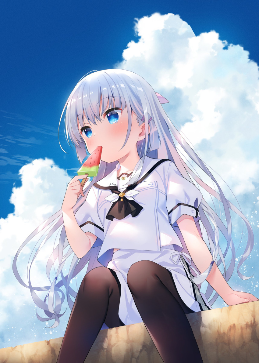 1girl absurdres arm_support ascot bangs black_ascot black_legwear blue_eyes blue_sky clouds cloudy_sky commentary_request day eating eyebrows_visible_through_hair feet_out_of_frame food grey_hair hair_between_eyes highres holding holding_food long_hair long_sleeves looking_away meito_(maze) naruse_shiroha outdoors pantyhose popsicle puffy_long_sleeves puffy_sleeves sailor_collar shirt sitting skirt sky solo summer_pockets very_long_hair watermelon_bar white_sailor_collar white_shirt white_skirt
