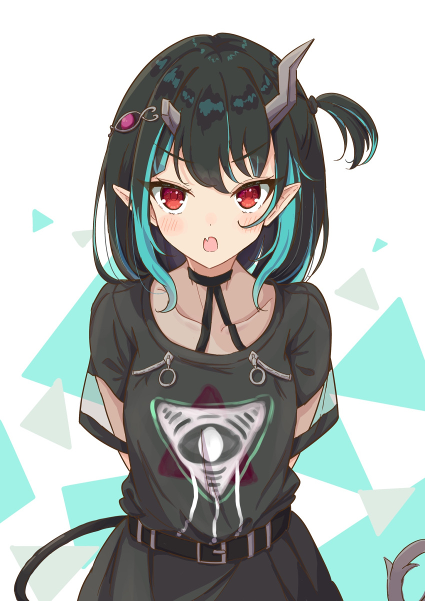 1girl black_dress black_hair blue_hair blush breasts commentary_request cowboy_shot demon_girl demon_horns demon_tail dress eye_hair_ornament eye_of_providence eyebrows_visible_through_hair fang highres horns looking_at_viewer medium_hair multicolored_hair official_alternate_costume one_side_up open_mouth pointy_ears red_eyes shishio_chris shishishi short_sleeves skin_fang small_breasts solo sugar_lyric tail two-tone_hair virtual_youtuber white_background