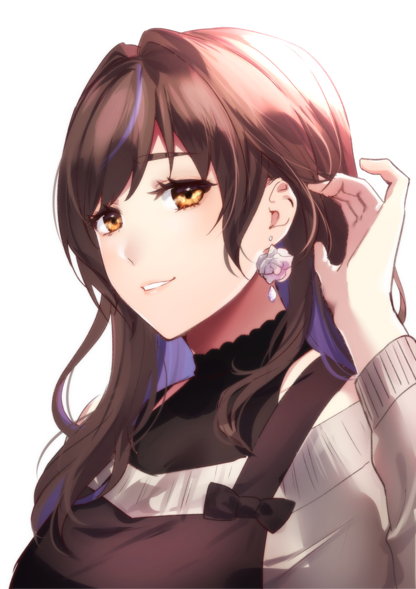 1girl apron bangs bare_shoulders black_apron black_shirt brown_eyes brown_hair copyright_request earrings eyebrows_visible_through_hair flower flower_earrings grey_sweater hair_intakes hair_tucking hand_up highres jewelry kitasaya_ai long_hair long_sleeves looking_at_viewer multicolored_hair off-shoulder_sweater off_shoulder parted_lips purple_hair rose shirt simple_background sleeveless sleeveless_shirt smile solo streaked_hair sweater thick_eyebrows virtual_youtuber white_background white_flower white_rose