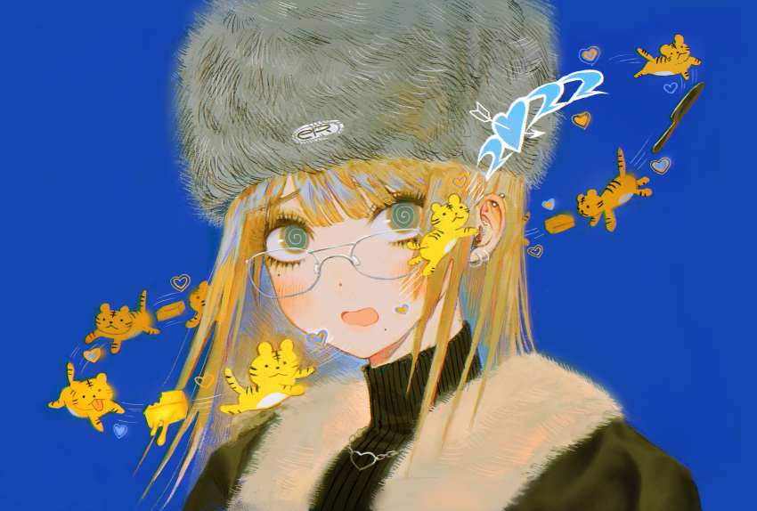 1girl 2022 @_@ absurdres animal bangs black_sweater blonde_hair blue_background blush chinese_zodiac eyelashes fur_hat glasses green_eyes grey_headwear hat heart heart_necklace highres jewelry long_hair looking_at_viewer mole mole_under_eye mole_under_mouth necklace open_mouth original portrait simple_background solo sweater tiger tongue turtleneck turtleneck_sweater vest white-framed_eyewear yatatashira year_of_the_tiger