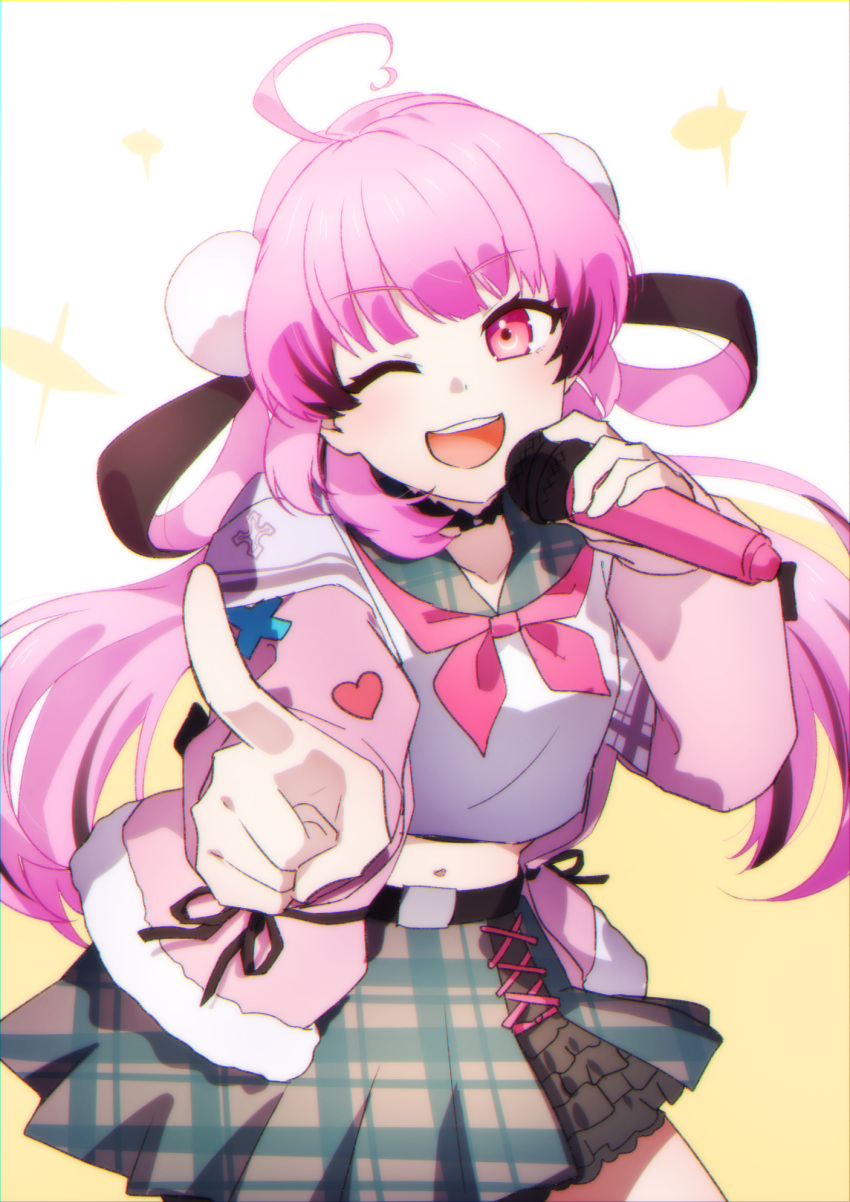 1girl ;d ahoge bangs breasts brown_sailor_collar brown_skirt copyright_request crop_top eyebrows_visible_through_hair highres holding holding_microphone jacket kitasaya_ai long_hair low_twintails microphone midriff navel one_eye_closed open_clothes open_jacket outstretched_arm pink_hair pink_jacket plaid plaid_sailor_collar plaid_skirt pointing pointing_at_viewer red_eyes sailor_collar shirt skirt small_breasts smile solo teeth twintails upper_teeth very_long_hair virtual_youtuber white_shirt