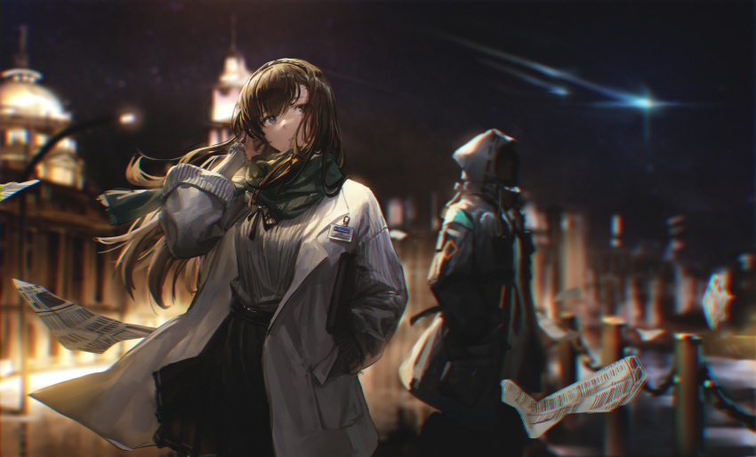1girl 1other absurdres arknights bangs black_coat black_eyes black_hairband black_scarf black_skirt brown_hair casual chinese_commentary city coat commentary_request cowboy_shot doctor_(arknights) eyebrows_visible_through_hair grey_sweater hairband hand_in_pocket high-waist_skirt highres hooded_coat id_card labcoat long_hair long_sleeves looking_away looking_up mask miao_ao_tian newspaper night night_sky open_clothes outdoors parted_lips priestess_(arknights) railing scarf skirt sky sweater wind