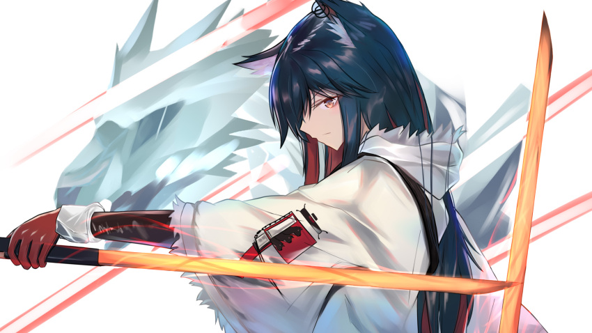 1girl animal_ear_fluff animal_ears arknights bangs black_hair black_sleeves blank_stare brown_eyes closed_mouth coat colored_inner_hair dual_wielding ear_piercing expressionless eyebrows_visible_through_hair from_side fur-trimmed_coat fur_trim gloves glowing glowing_sword glowing_weapon hair_over_one_eye hand_up highres holding holding_sword holding_weapon hood hood_down hooded_coat leather leather_gloves long_bangs long_hair multicolored_hair outstretched_arm piercing pointy_nose red_eyes red_gloves redhead serious sleeves_past_elbows solo sword texas_(arknights) texas_(winter_messenger)_(arknights) tudili upper_body weapon weapon_behind_back white_background white_coat white_hood white_sleeves wide_sleeves wolf wolf_ears wolf_girl