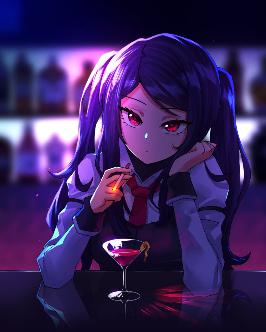 1girl absurdres backlighting bar bartender blurry blurry_background cigarette cocktail_glass collared_shirt cup drinking_glass eyelashes head_rest highres jill_stingray long_hair looking_at_viewer messy_hair necktie purple_hair red_eyes red_necktie shirt smoking solo twintails va-11_hall-a vest white_shirt wrist_cuffs yumesphere