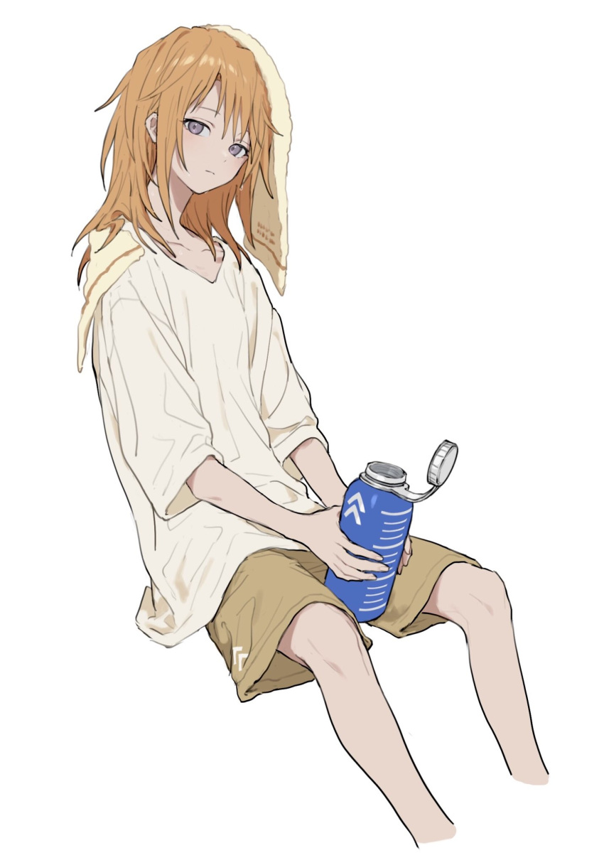 1girl baggy_clothes bangs bottle brown_shorts closed_mouth cropped_legs highres holding holding_bottle idolmaster idolmaster_cinderella_girls invisible_chair light_oooo long_hair looking_at_viewer loose_clothes loose_shirt orange_hair shirt shorts simple_background sitting solo towel towel_on_head violet_eyes water_bottle wet wet_hair white_background white_shirt yuuki_haru