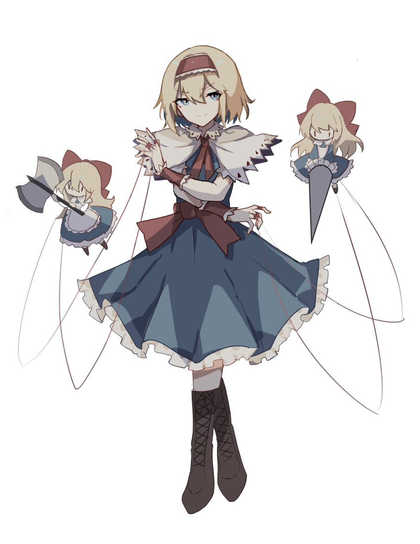 1girl alice_margatroid axe blonde_hair blue_dress blue_eyes boots bow brown_footwear capelet closed_mouth cross-laced_footwear dress frilled_dress frilled_hairband frills full_body hair_between_eyes hairband highres holding holding_axe holding_polearm holding_weapon lance looking_at_viewer neckerchief polearm red_bow red_hairband red_neckerchief shanghai_doll short_hair simple_background smile solo split_mouth string touhou v-shaped_eyebrows waist_bow weapon white_background white_capelet wrist_cuffs zhuanjia710