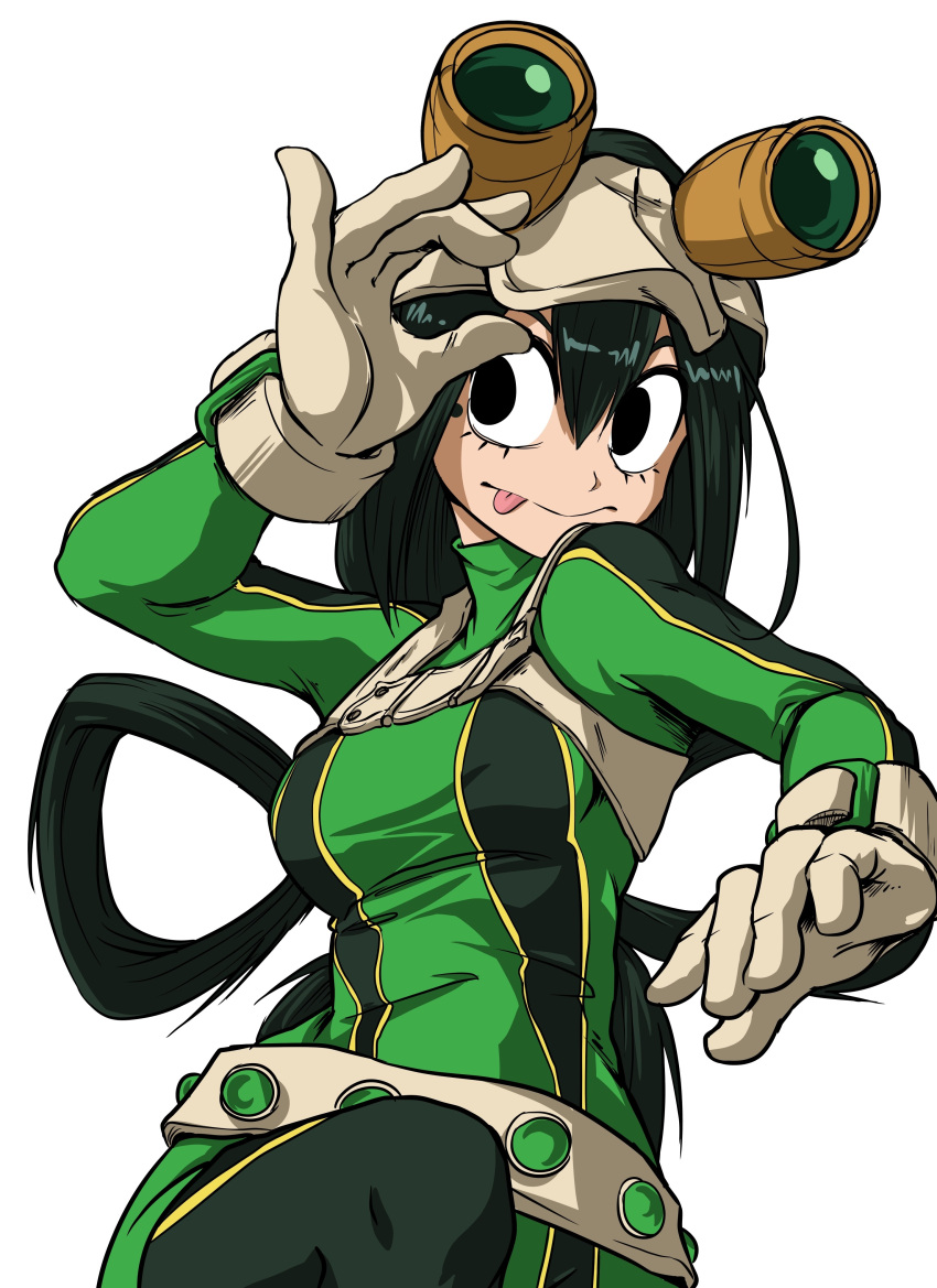 1girl :&gt; absurdres asui_tsuyu bangs bodysuit boku_no_hero_academia gloves goggles goggles_on_head green_bodysuit green_hair highres long_hair low-tied_long_hair mole mole_under_eye shukeiart solo tongue tongue_out white_background