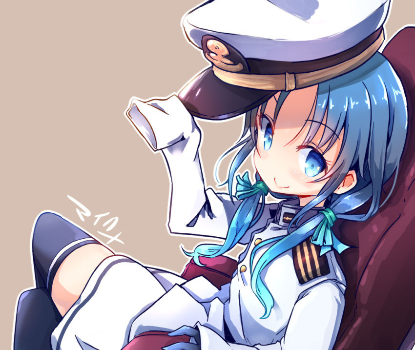 1girl admiral_(kancolle) admiral_(kancolle)_(cosplay) black_legwear blue_eyes blue_hair cosplay hat jacket kantai_collection long_hair low_twintails maiku military military_uniform naval_uniform peaked_cap ribbon sitting skirt sleeves_past_fingers sleeves_past_wrists solo suzukaze_(kancolle) thigh-highs twintails uniform white_headwear white_jacket white_skirt