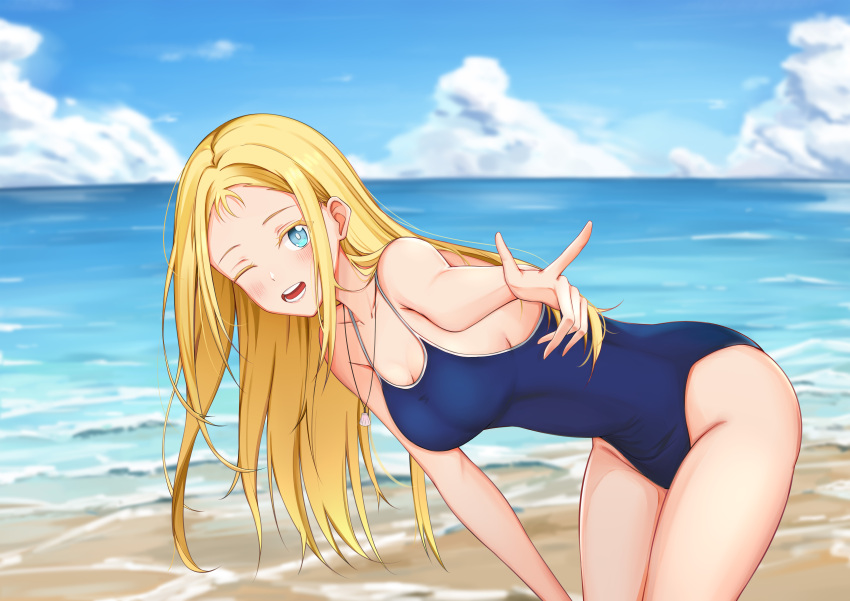 1girl absurdres backon beach blonde_hair blue_eyes blue_sky breasts clouds commentary competition_school_swimsuit cowboy_shot day forehead highres horizon kofune_ushio large_breasts leaning_forward long_hair ocean one_eye_closed outdoors school_swimsuit sky solo summertime_render swimsuit very_long_hair
