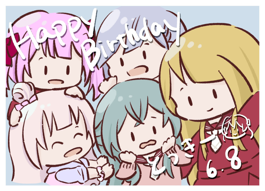 5girls :d ^_^ aqua_hair assault_lily bangs blonde_hair blue_background blue_jacket blunt_bangs border bow braid brown_sailor_collar brown_sweater character_name chibi closed_eyes commentary_request crossed_bangs dated grey_hair hair_bow hair_bun half_updo hand_up hands_on_another's_head hands_on_own_face hands_up happy_birthday highres jacket kabayaki_(kabayaki_eel) kanba_girls_high_school_uniform kon_kanaho long_sleeves looking_at_another looking_at_viewer miyagawa_takane multicolored_clothes multicolored_jacket multiple_girls necktie open_mouth outstretched_arms pink_bow pink_hair pink_jacket pink_scrunchie red_bow red_shirt red_skirt sadamori_himeka sailor_collar school_uniform scrunchie shirt short_necktie side_braid simple_background skirt smile solid_oval_eyes standing sweater tanba_akari toki_kureha translated twintails wavy_mouth white_border white_necktie wrist_scrunchie