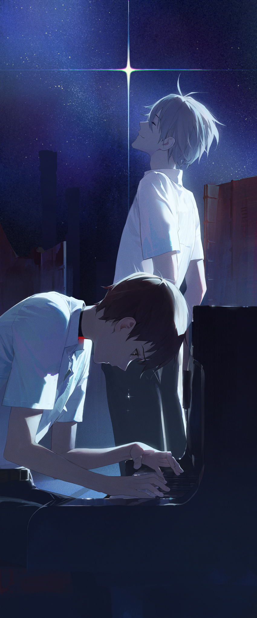 2boys absurdres black_pants brown_hair closed_eyes collared_shirt commentary_request crying grand_piano grey_hair highres ikari_shinji instrument leaning_forward messy_hair modare multiple_boys music nagisa_kaworu neon_genesis_evangelion night night_sky pants piano playing_instrument shirt short_hair short_sleeves sky standing teardrop tears very_short_hair white_shirt