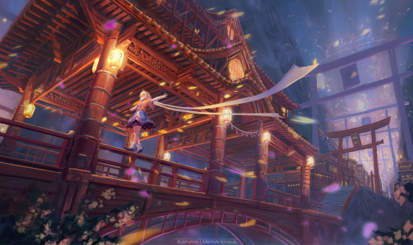 aerial_fireworks ahoge arch architecture arm_warmers artist_name balancing black_footwear black_skirt blonde_hair blue_skirt bridge building chireiden city east_asian_architecture falling_petals fireworks flower former_capital green_eyes highres house lantern layered_skirt long_scarf looking_at_viewer merlimambrosuis mizuhashi_parsee outstretched_arms palace paper_lantern petals plant railing rope scarf scenery shide shimenawa shirt shoes short_hair signature skirt socks stairs torii touhou translated underground white_flower white_legwear white_scarf wide_shot yellow_shirt