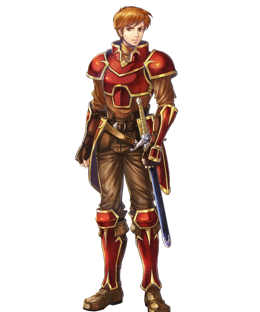 1boy arm_guards armor bangs boots brown_eyes brown_footwear brown_hair brown_pants fingerless_gloves fire_emblem fire_emblem:_the_blazing_blade fire_emblem_heroes gloves highres kent_(fire_emblem) knee_boots long_sleeves looking_at_viewer male_focus non-web_source official_art pants red_armor shiny shiny_hair short_hair shoulder_armor standing sword takaya_tomohide transparent_background turtleneck weapon